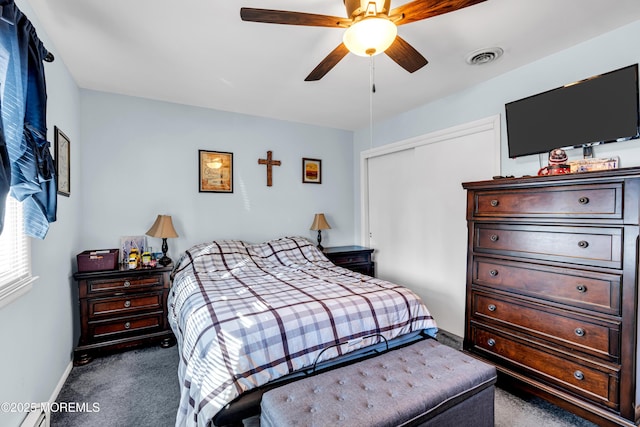 bedroom with dark carpet, a closet, and ceiling fan