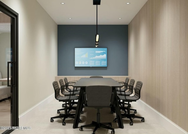 dining area featuring carpet flooring, recessed lighting, and baseboards