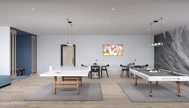 recreation room with light wood-type flooring