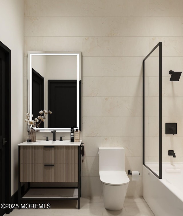 full bathroom featuring tile patterned floors, toilet, tile walls, shower / tub combination, and vanity