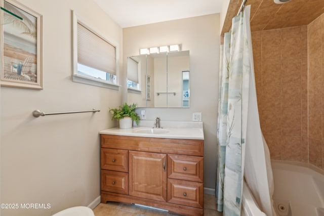 bathroom with shower / bathtub combination with curtain and vanity