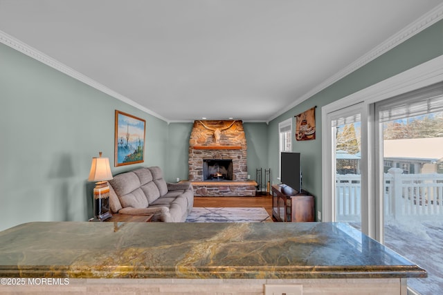 living room with a fireplace, ornamental molding, and wood-type flooring