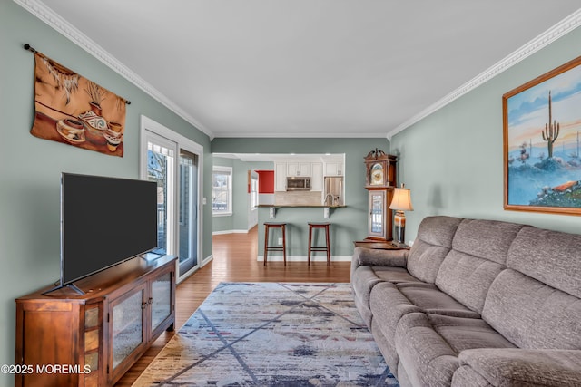 living room with crown molding and light hardwood / wood-style flooring