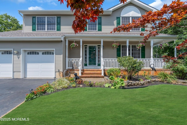 view of front facade featuring a porch, a garage, and a front lawn