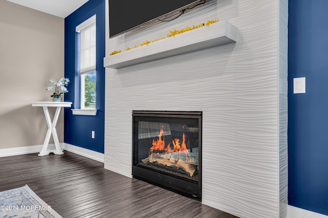 details with hardwood / wood-style flooring and a multi sided fireplace