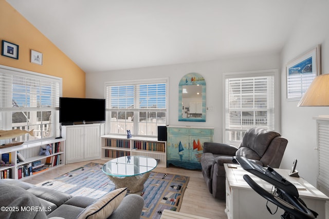 living room with lofted ceiling and light hardwood / wood-style flooring