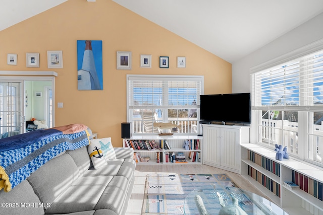 living room with hardwood / wood-style floors and vaulted ceiling