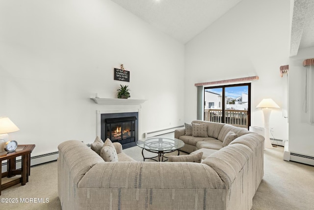 living room featuring a baseboard heating unit, light colored carpet, and high vaulted ceiling