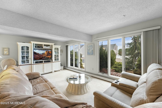 carpeted living room with a textured ceiling and baseboard heating