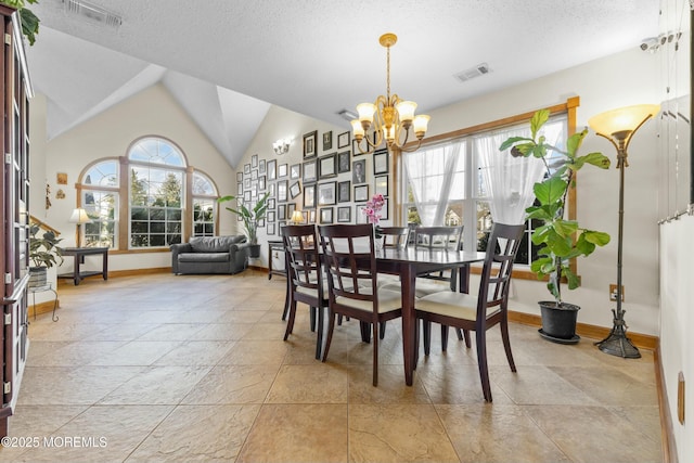 18 Tall Oaks Ct, Old Bridge, NJ 08857 - dining room with plenty of natural light, a chandelier, baseboards, vaulted ceiling, and light stone finish flooring