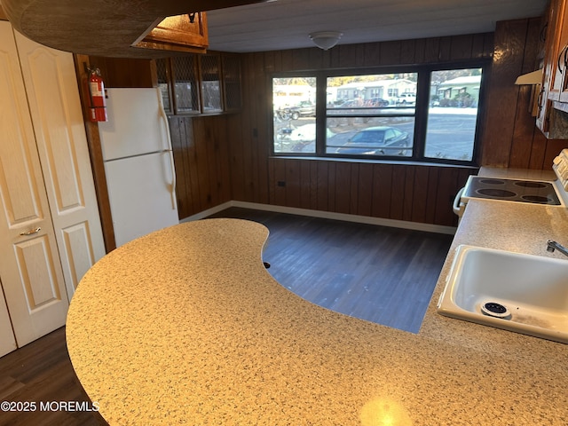 kitchen with sink, white appliances, dark wood-type flooring, and wooden walls