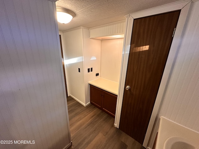 bathroom featuring wood-type flooring and a textured ceiling