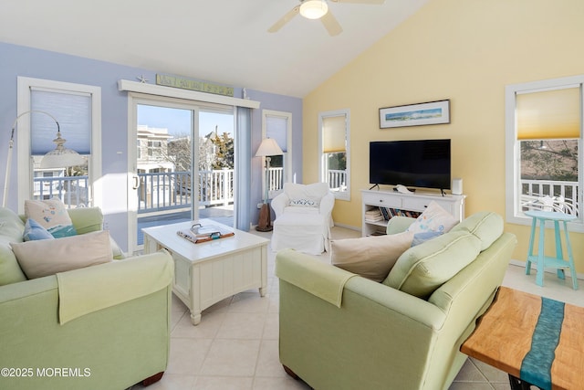 tiled living room featuring lofted ceiling and ceiling fan