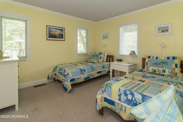 bedroom featuring crown molding, multiple windows, and light carpet