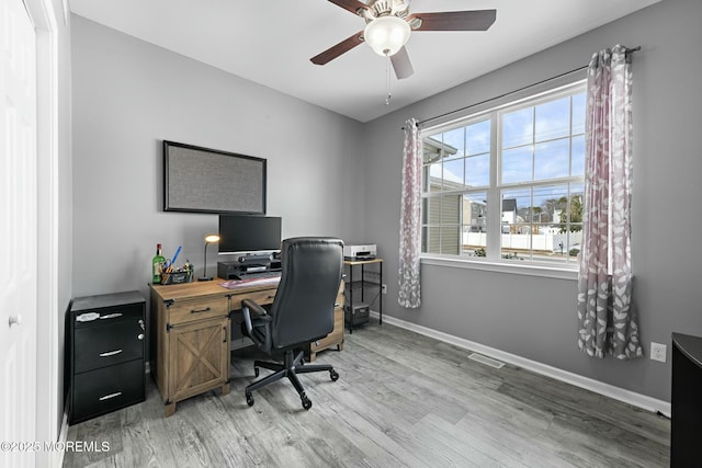 office area featuring hardwood / wood-style flooring and ceiling fan