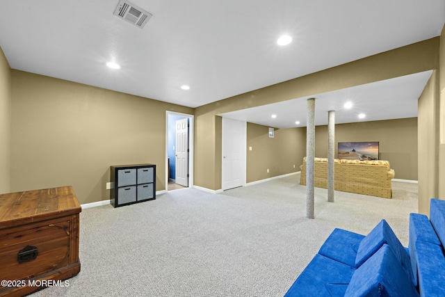 interior space featuring light carpet