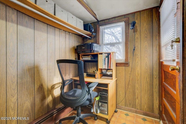 tiled office with wooden walls