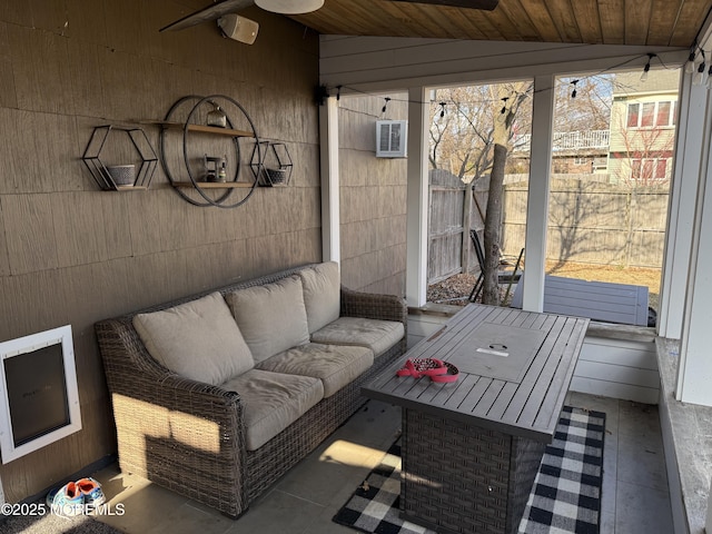 exterior space featuring wood ceiling and lofted ceiling