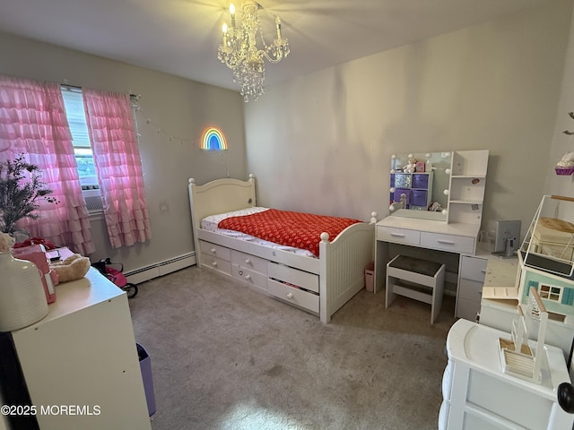 carpeted bedroom featuring baseboard heating and a chandelier