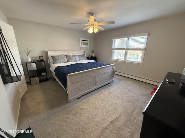 carpeted bedroom with a baseboard radiator, a wall mounted AC, and ceiling fan