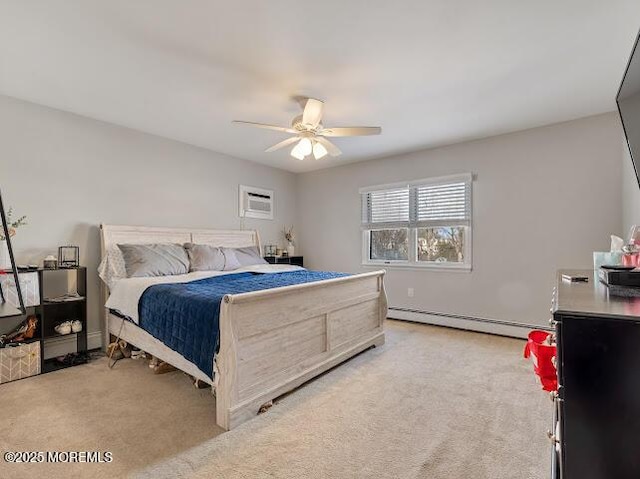 carpeted bedroom featuring an AC wall unit, a baseboard heating unit, and ceiling fan