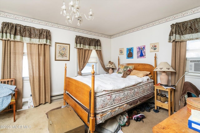 bedroom with multiple windows, a baseboard radiator, light colored carpet, and an inviting chandelier