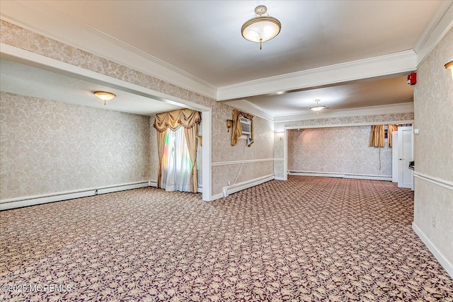 interior space featuring crown molding, carpet, and baseboard heating