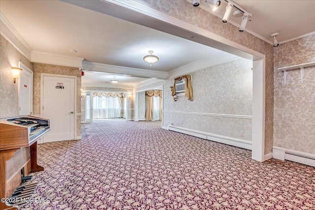 corridor with a wall mounted air conditioner, crown molding, a baseboard radiator, and carpet flooring