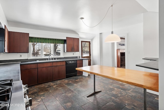 kitchen featuring dark brown cabinets, black dishwasher, sink, and pendant lighting