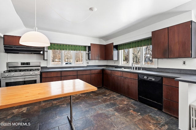 kitchen with black dishwasher, sink, hanging light fixtures, dark brown cabinetry, and gas stove