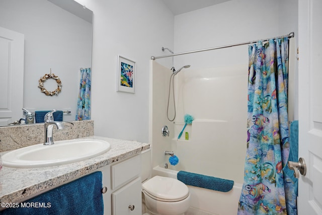 full bathroom with vanity, toilet, and shower / bath combo with shower curtain