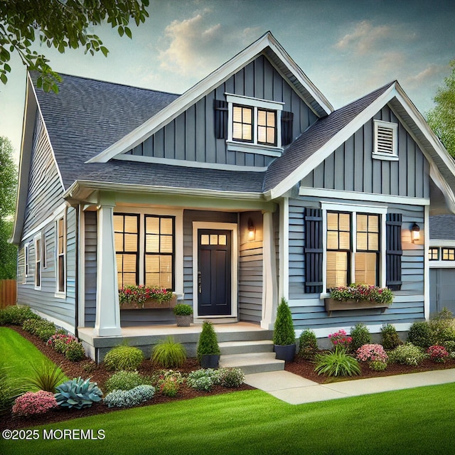 view of front of house featuring board and batten siding, a shingled roof, a front lawn, and a porch