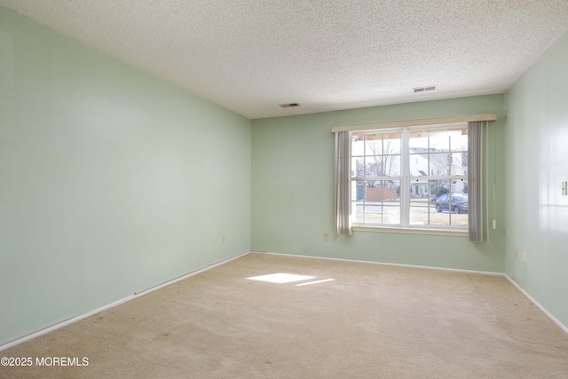 spare room featuring light colored carpet and a textured ceiling