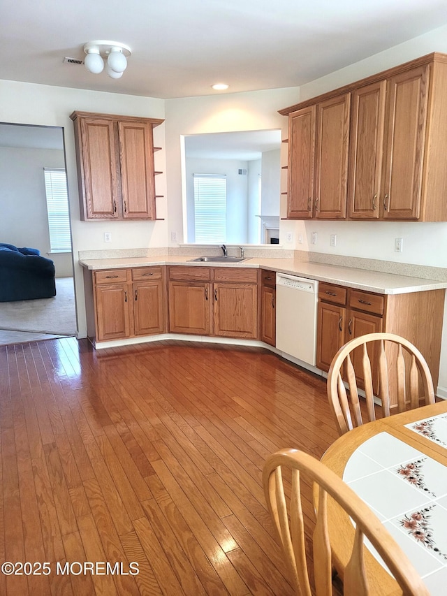 kitchen with dishwasher, sink, and dark hardwood / wood-style flooring