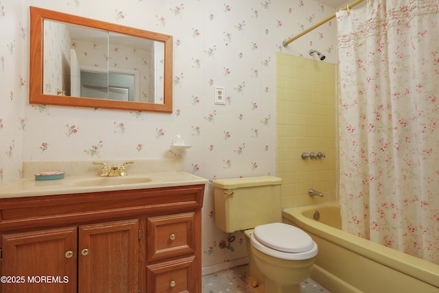 full bathroom featuring shower / tub combo, vanity, and toilet