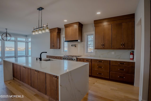 kitchen featuring sink, pendant lighting, a kitchen island with sink, and light hardwood / wood-style flooring