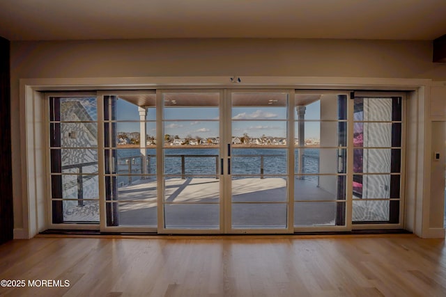 doorway with light hardwood / wood-style flooring and a water view