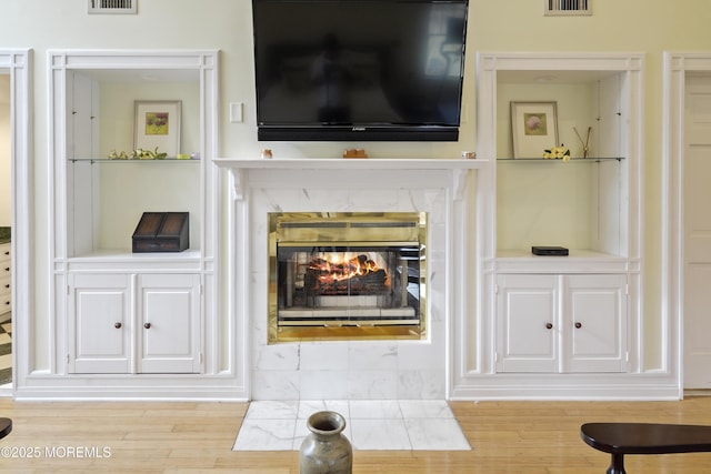 living room with a premium fireplace and light wood-type flooring