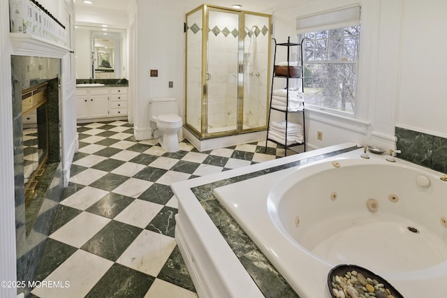 full bathroom featuring vanity, toilet, a fireplace, and plus walk in shower