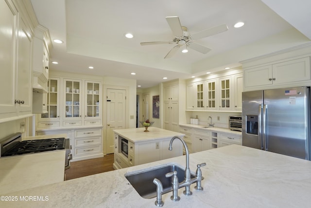 kitchen featuring sink, a tray ceiling, stainless steel appliances, and a kitchen island