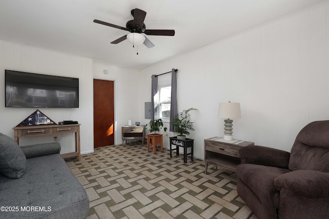 living room with dark colored carpet and ceiling fan