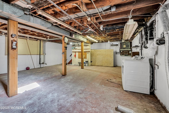 basement featuring electric panel and washer and clothes dryer