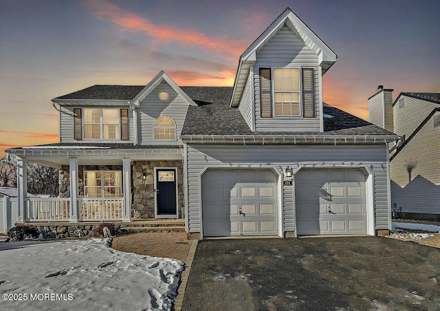 view of front facade with a garage and covered porch