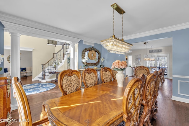 9 Mehar Ct, Jackson, NJ 08527 - dining room featuring ornate columns, ornamental molding, stairway, wood finished floors, and baseboards
