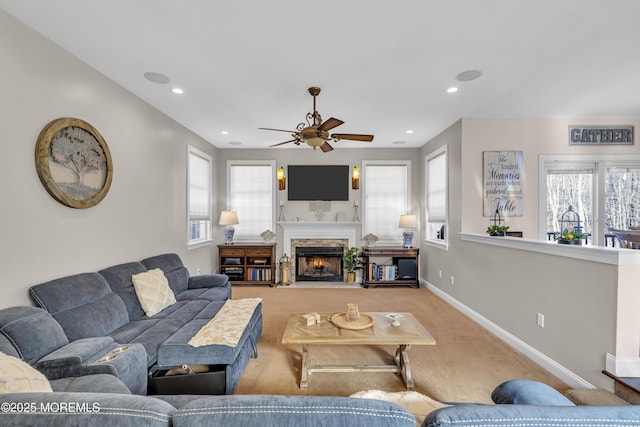 9 Mehar Ct, Jackson, NJ 08527 - carpeted living area with ceiling fan, baseboards, plenty of natural light, recessed lighting, and a fireplace