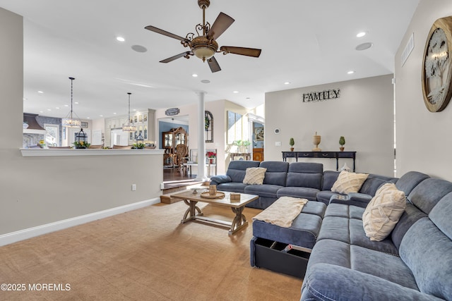 9 Mehar Ct, Jackson, NJ 08527 - living room featuring ceiling fan, baseboards, plenty of natural light, light carpet, and recessed lighting