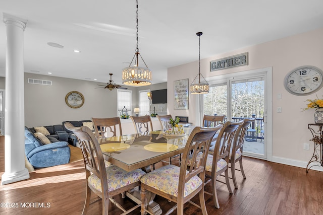 9 Mehar Ct, Jackson, NJ 08527 - dining area featuring dark wood-type flooring, a ceiling fan, baseboards, recessed lighting, and ornate columns