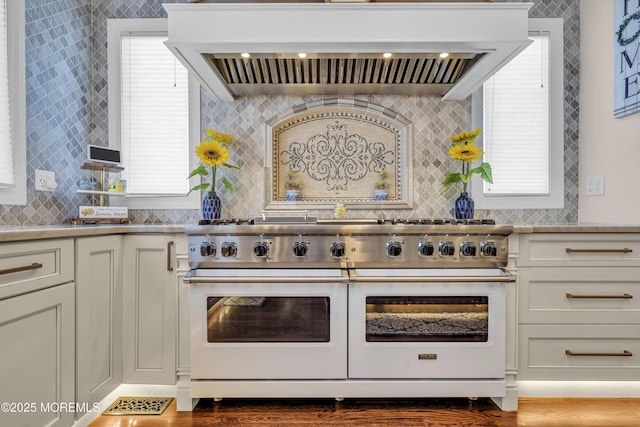 9 Mehar Ct, Jackson, NJ 08527 - kitchen with double oven range, premium range hood, backsplash, and light countertops