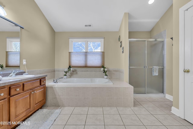 9 Mehar Ct, Jackson, NJ 08527 - bathroom with vanity, a bath, tile patterned floors, and a shower stall