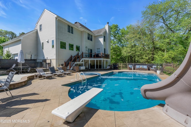 9 Mehar Ct, Jackson, NJ 08527 - view of swimming pool with a fenced backyard, stairs, a water slide, a patio, and a diving board